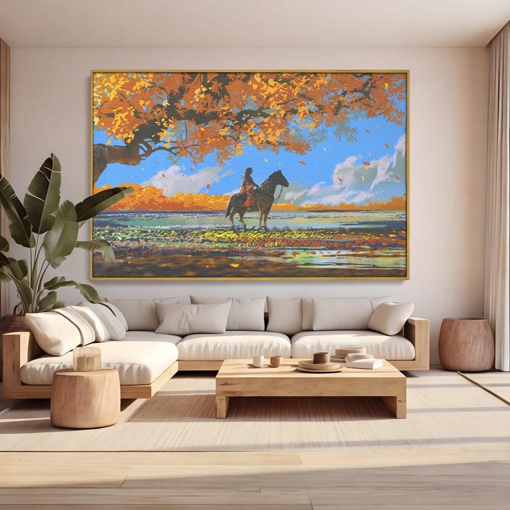 Tablou canvas cu tablou canvas cu fata pe cal, in rama de aluminiu auriu, pe perete intr-un living
